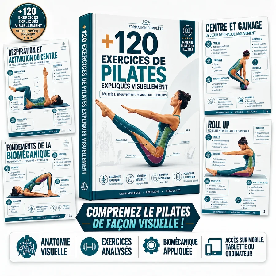 Couverture et fiches du guide +120 Exercices de Pilates Expliqués Visuellement